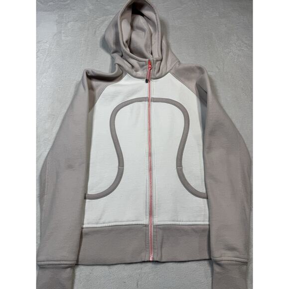 Lululemon Scuba Hoodie Size 12 Light Taupe White Zip Up Sweatshirt Pink Zipper - Picture 1 of 8